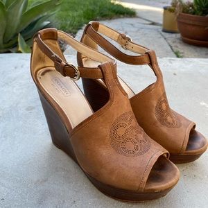 COACH tan leather wedge sandals - size 8